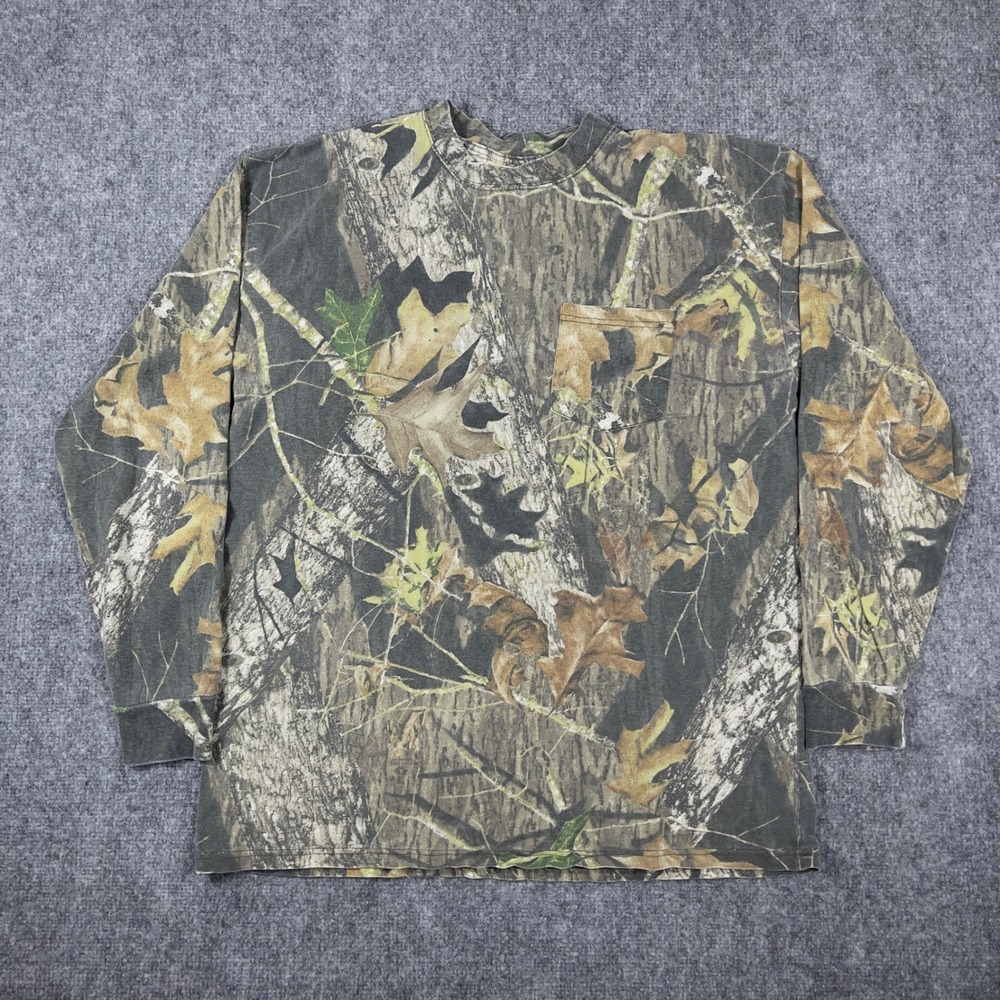 Vtg Mossy Oak Long Sleeve T-Shirt Mens XL Camo Pocket Tree Print Tee